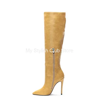 Modni kožne čizme do koljena, ženske običan žuti tople zimske cipele na меху s oštrim vrhom, 10-12 cm, čizme za jahanje na tankom petu sa strane munje