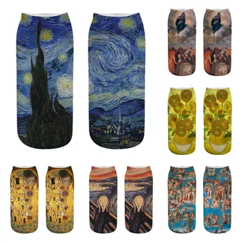 4 para Čarapa s 3D Ispis, Ljetne Čarape Od Čistog Pamuka, Van Gogh, Zvijezda, Mjesec, Noć, Slika Suncokreta, ulje, Prozračna Ženske Čarape s Niskim Щиколоткой