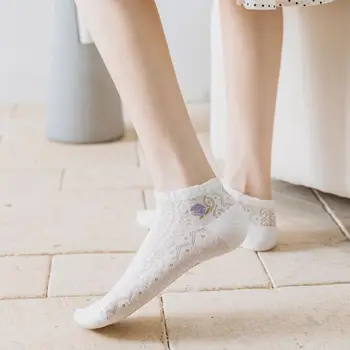 Ljubičaste Čarape Sa Volanima, ultra-tanki Prozirni Ljetne Ženske Svilene Čarape S Kristalima, Cvjetni Vez, Vintage Kratke Čarape s Niskim izreza Do Gležnja