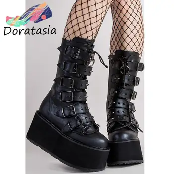 DORATASIA INS/ Marke ženske cipele na platformu i Debelim Petama u stilu punk-gotičko sa zakovicama i Insignia, Strme ženske Moto Čizme za Косплея