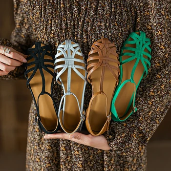 Ženske sandale-gladijatora u rimskom stilu; Godišnje Cipele Od prave Kože sa Zatvorenim Vrhom i Kopče; ženske cipele na ravne cipele za Proljeće