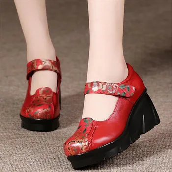 2022 godine Proljeće novo; ženske cipele u kineskom stilu; klasična cipele od prave kože s po cijeloj površini; cipele s platformom i танкетке; cipele na Visoku petu