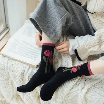 Vunene Čarape, Ženske Japanski Modni Zimski Topla Tople Duge Čarape, Korejski Moda Ispis Harajuku Cvijet Berba Ženske Čarape Sox