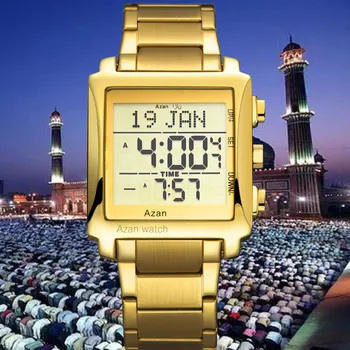 2021 Nove Arapski Mens Qibla 3atm Od Vodootporne Okruglog Legure, Luksuzni Digitalni Sportski Multifunkcionalni Muslimanski Sat Azan 6006