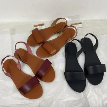 Čvrste ženske sandale od umjetne kože za ljeto 2021, cipele ravnim cipelama s fleksibilnim gumicom straga, Roman Casual Cipele, ženske modne marke Sandale