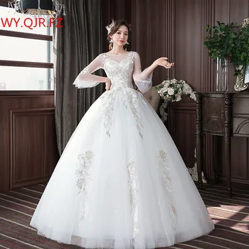 HMHS-019 # vjenčanicu Vezeni Čipka na Mrežu S Dugim rukavima i Okruglog izreza na čipka-up Vjenčanica je bijela Duga jeftino loptu haljina u rasutom stanju