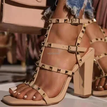 Nove žene ljetne sandale luksuzni brand dizajn, zakovice, visoke štikle Trendy ženske debelu petu sandale seksi otvorenim vrhom Ženske cipele