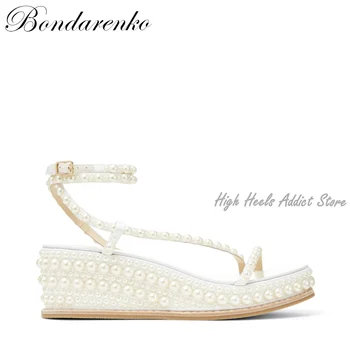 Žene biseri bijele wedges sandale platforma s otvorenim vrhom gležanj remenčićima pumpe dizajner svadbeni cipele za mladenke ljeto, novi