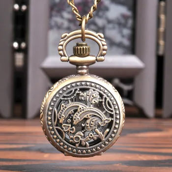 Mali brončani šuplje džepni sat s dupinima Klasicni dvostruke džepni sat sa životinjama dupinima