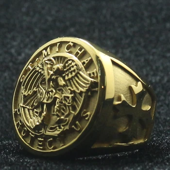Uniseks od Nehrđajućeg Čelika 316L Sveti Mihail Štiti NAS Zlatni Prsten s Križem