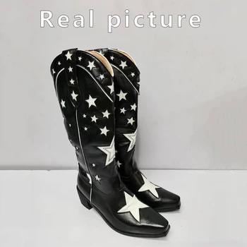 Crne kaubojske čizme u zapadnom stilu s vezom u obliku zvijezde na debelim petama, ženske cipele 46 veličine, srednje cipele, 2022, novi moto cipele na platformu