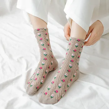 2 para Čarapa Srednje Dužine Za djevojčice, japanski Korejski Ženske Čarape u retro stilu s Cvjetnim Uzorkom, Harajuku Kawaii, Prozračna Pamučna Svakodnevne Kratke Čarape