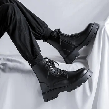 Muške cipele; luksuzne modne i crne čizme; originalna kožna obuća s visokim берцем; moto čizme; sezona proljeće-jesen; kaubojske čizme na platformu; long cipele